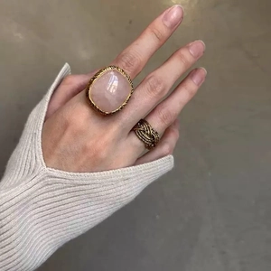 Vintage braided wheat ear ring set with large oval pink crystal in gold finish