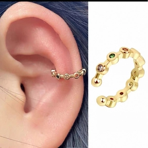 Minimalist gold plated ear cuff with colorful round cubic zirconia stones for women