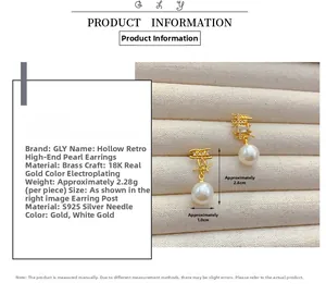 Detail view of 18K gold-plated hollow earrings with S925 silver pins and white pearls