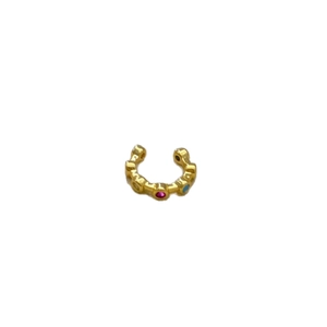 Minimalist gold-plated cuff earring featuring colorful zircon stones on a white background