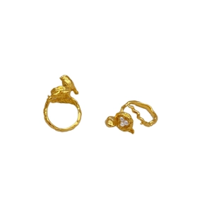 Creative adjustable golden bird and nest ring with lava texture and pearl accents