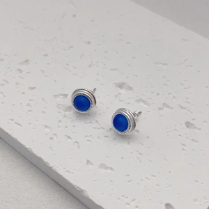 Fashionable silver plated round stud earrings with blue agate stone inlay for women