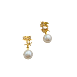 Fashionable gold-plated drop earrings with hollow logo design, pavé diamonds and white pearls