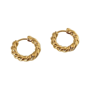 Classic gold twisted rope hoop earrings with high-polish metallic finish on white background