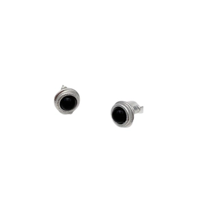 Vintage silver earrings with black onyx stone inlay and decorative textured edges