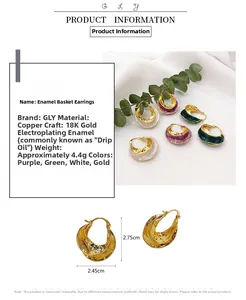 Detail of 18K gold-plated basket earrings showing dimensions and enamel craftsmanship