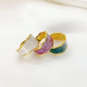 Three-piece set of 18K gold plated enamel rings with marble texture in various colors