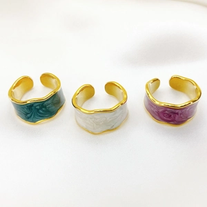 Three wave-edge 18K gold-plated adjustable enamel rings in green, white, and purple colors