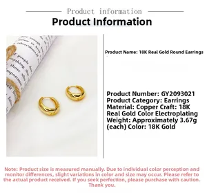 Detail of 18K gold plated brass hoop earrings showing weight and material specifications
