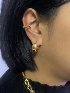 Detail of 18K gold plated brass hoop earrings, ear cuff, and ball chain necklace on model