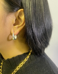 Macro view of chunky silver hoop earrings and layered gold chain necklace on a model