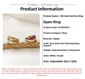 Detail of 18K gold plated enamel adjustable ring showing size 7 copper craft specs