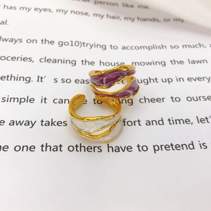 18K gold plated enamel adjustable rings in purple and white with wavy gold edges