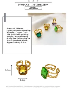 Detail view of 18K gold plated ring with colorful rectangular gemstones and chain pattern
