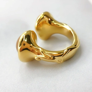 French style adjustable gold ring with irregular sculpture design and brown gemstone