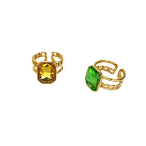 Elegant 18K gold-plated adjustable rings with green and yellow octagonal gemstones