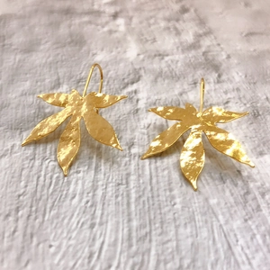 18K gold plated leaf earrings with hammered texture and long hooks for women