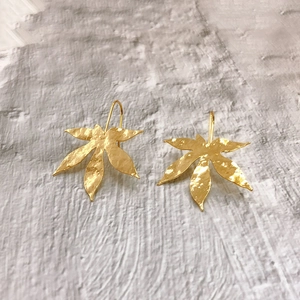 Golden leaf drop earrings with hammered texture and 18K gold plating for a stylish look