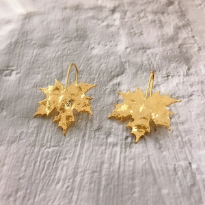 18K gold plated maple leaf dangle earrings with textured finish and hook design