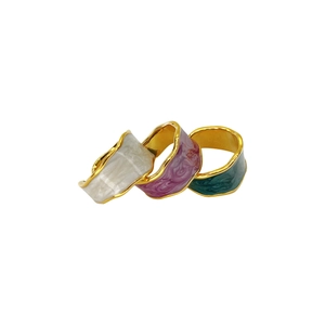 Modern 18K gold-plated wave rings with enamel inlays in white, purple, and green colors