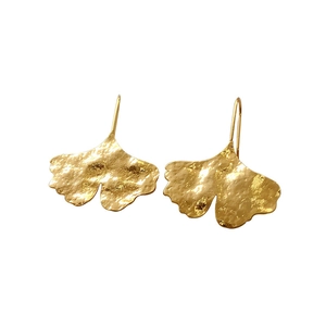 Elegant gold ginkgo leaf dangle earrings with handmade hammered texture for women