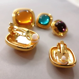 Vintage 18K gold plated square clip-on earrings with colorful resin gems and comfort pads