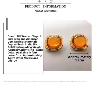 Detail of 18K gold plated square earrings with amber resin and technical specs