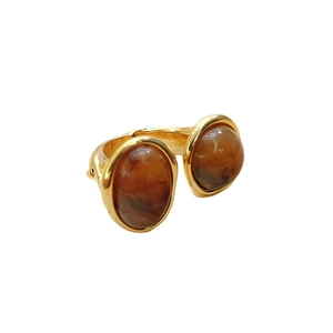 French style gold open ring featuring two brown marble-textured oval stones for women