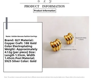 Detail view of 18K gold plated banana earrings with S925 silver needles and dimensions