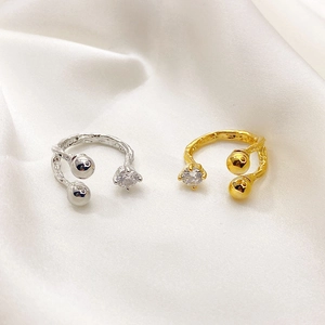 Irregular Molten Texture Adjustable Open Ring 18K Gold Plated Copper Clear Rhinestone Double Ball Elegant Jewelry Women