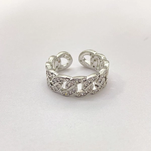 Sparkling silver plated cuban link open ring with pavé cubic zirconia stones for women