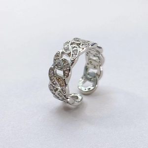 Polished silver cuban link open ring with sparkling white zircon stones for women