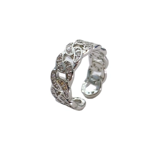 Sparkling silver cuban link open ring with full paved zircons for stylish women