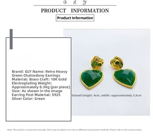 Detail of heart emerald earring with S925 silver needle and 18K gold plating