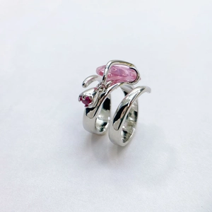 Adjustable silver-plated brass ring with pink crystal and red gemstone in vine design