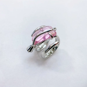 Adjustable silver brass ring featuring an irregular pink crystal stone for women