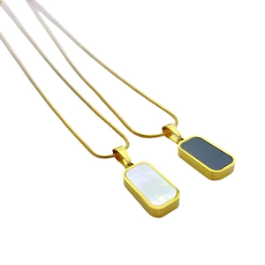 Minimalist gold snake chain necklace with rectangular white shell and black enamel pendants
