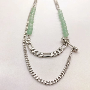 Fashion Layered Copper Necklace White Gold Plated Green Aventurine Beaded Figaro Chain Toggle Clasp Hip Hop Jewelry For Women