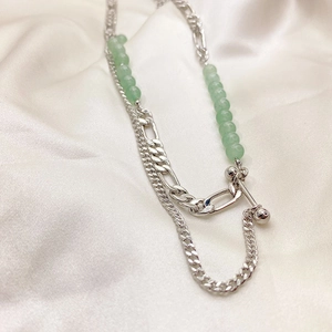 Green aventurine beaded necklace with silver chain stitching and trendy OT clasp design