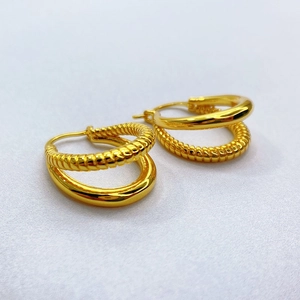 18K gold plated double layer hoop earrings with twisted texture for modern women
