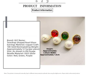 Detailed view of teardrop pearl earrings with 18K gold plating and crystal inlay