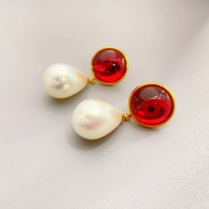 Vintage 18K gold plated drop earrings with ruby crystal and large white teardrop pearls