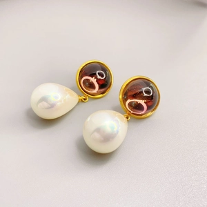 18K gold plated drop earrings with crystal glass beads and white teardrop pearls
