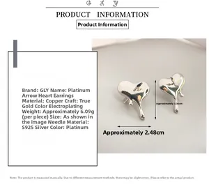 Detailed specs of heart-shaped platinum studs with S925 silver needles and dimensions