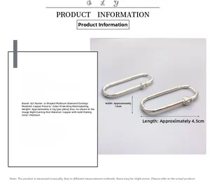 Detailed size chart and specifications for white gold plated U-shaped crystal earrings
