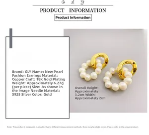 Detail view of 18K gold plated ring earrings with pearls and S925 silver needles