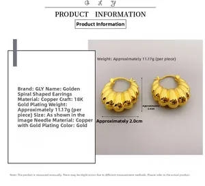 Macro detail of 18K gold plated spiral earring showing 2.4cm by 2.0cm dimensions