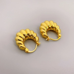 Chic 18K gold plated croissant dome hoop earrings with polished wave pattern texture
