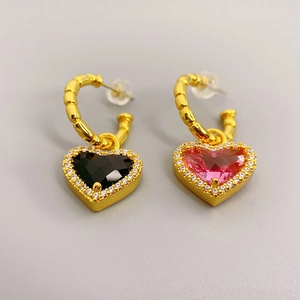 Boucles Oreilles Créoles Pendentif Cœur Zircon Cuivre Femme Avec Tige En Argent Sterling 925 Bijoux Géométriques Élégants
