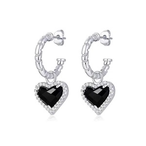 Boucles d'oreilles créoles torsadées avec pierre noire en cœur et halo de cristaux
